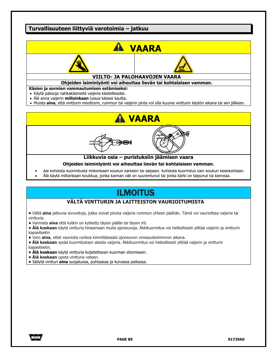 Vaara, Ilmoitus | WARN 4000 DC User Manual | Page 89 / 126