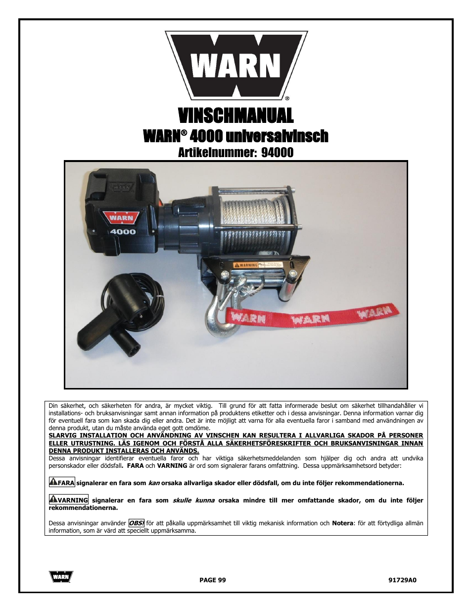 Vinschmanual, Warn, 4000 universalvinsch | WARN 4000 DC User Manual | Page 99 / 126