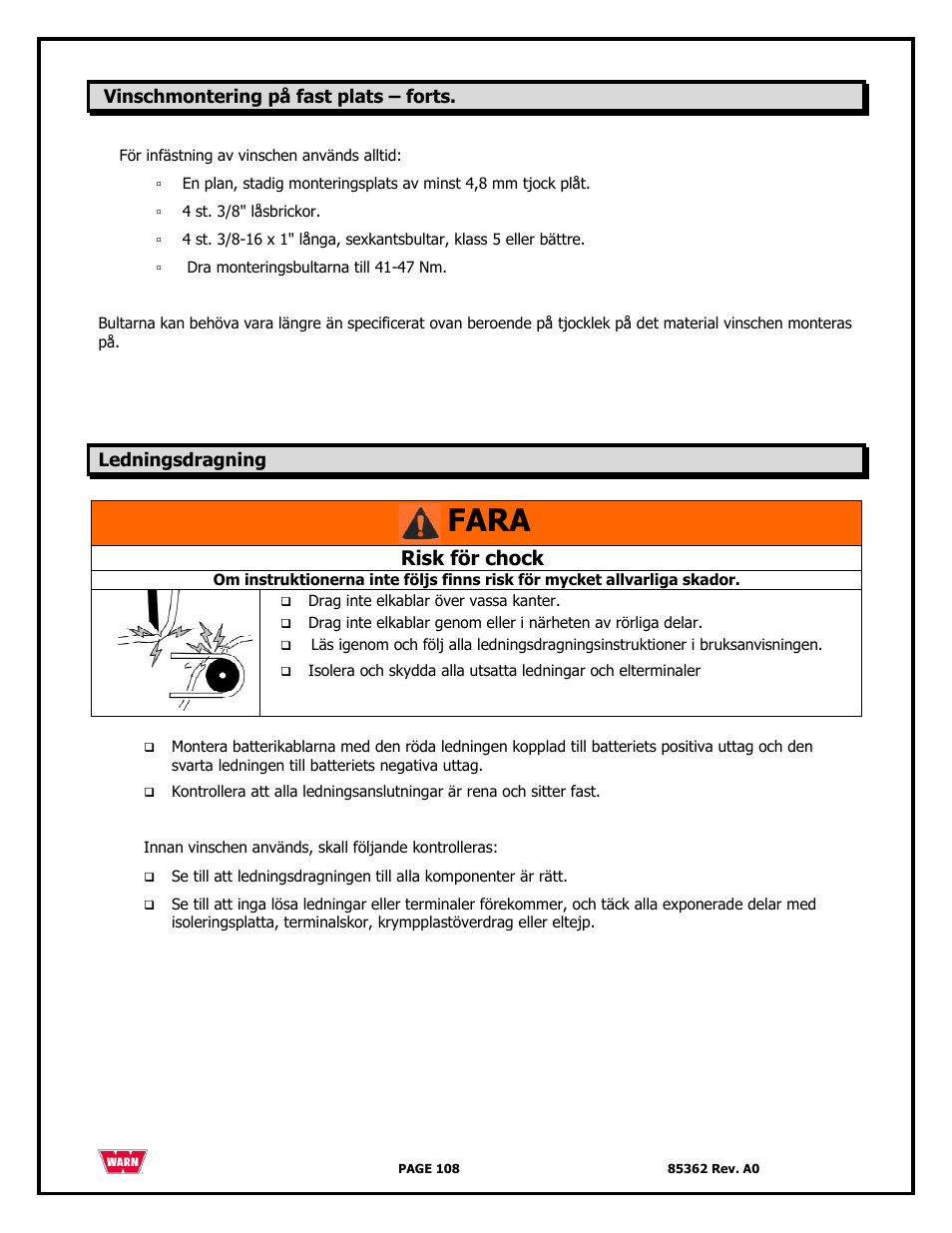 Fara, Risk för chock | WARN 4700 DC User Manual | Page 108 / 127
