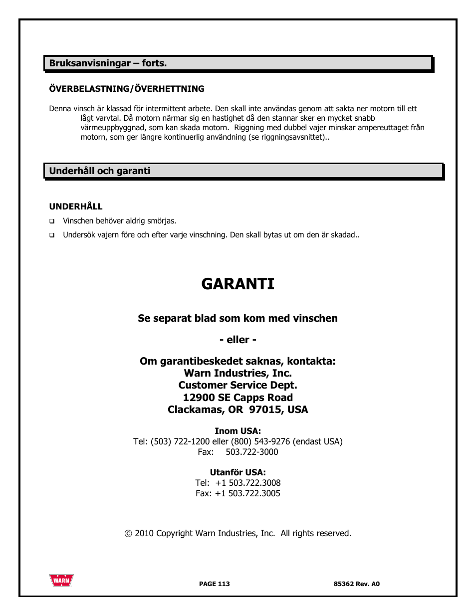 Garanti | WARN 4700 DC User Manual | Page 113 / 127