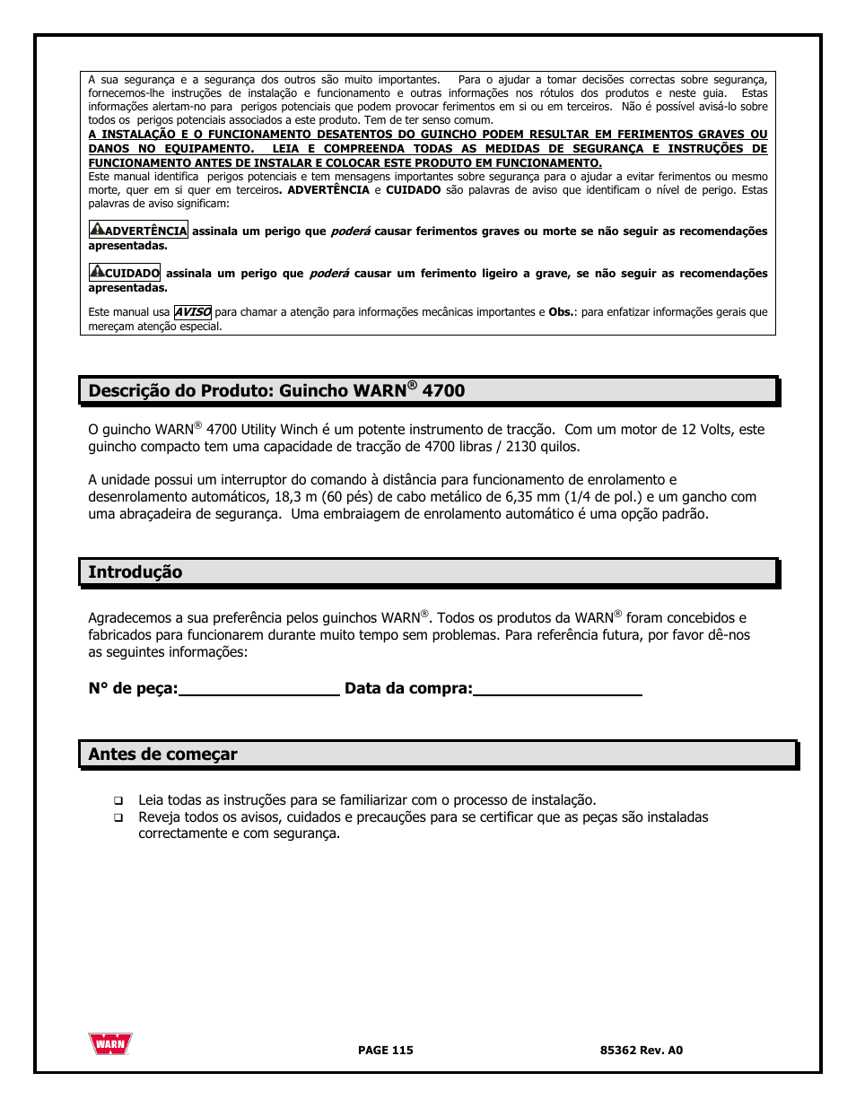 Descrição do produto: guincho warn, Introdução, Antes de começar | WARN 4700 DC User Manual | Page 115 / 127