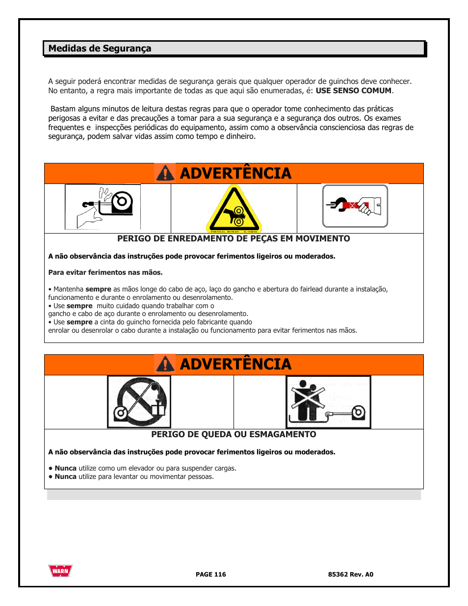 Advertência | WARN 4700 DC User Manual | Page 116 / 127