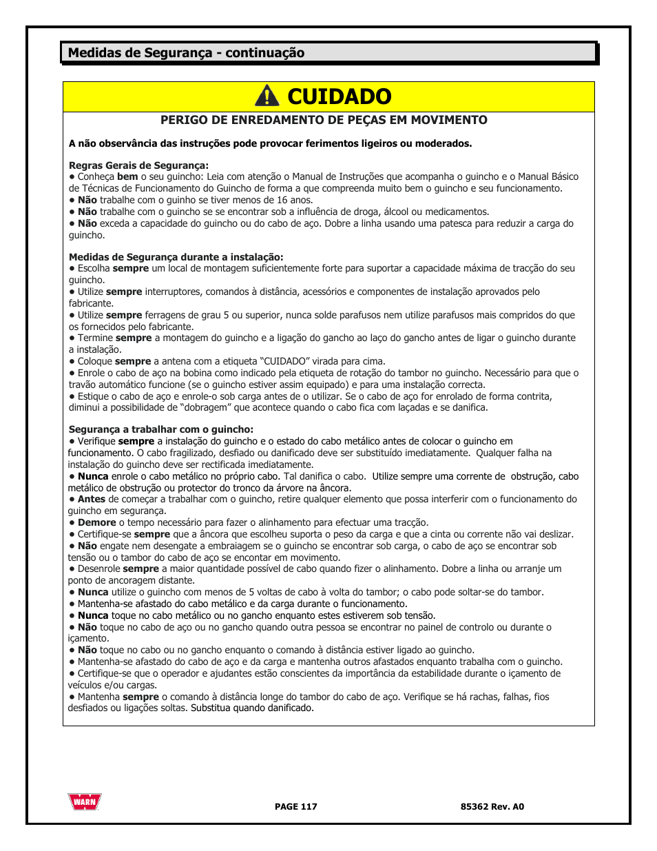 Cuidado, Medidas de segurança - continuação | WARN 4700 DC User Manual | Page 117 / 127