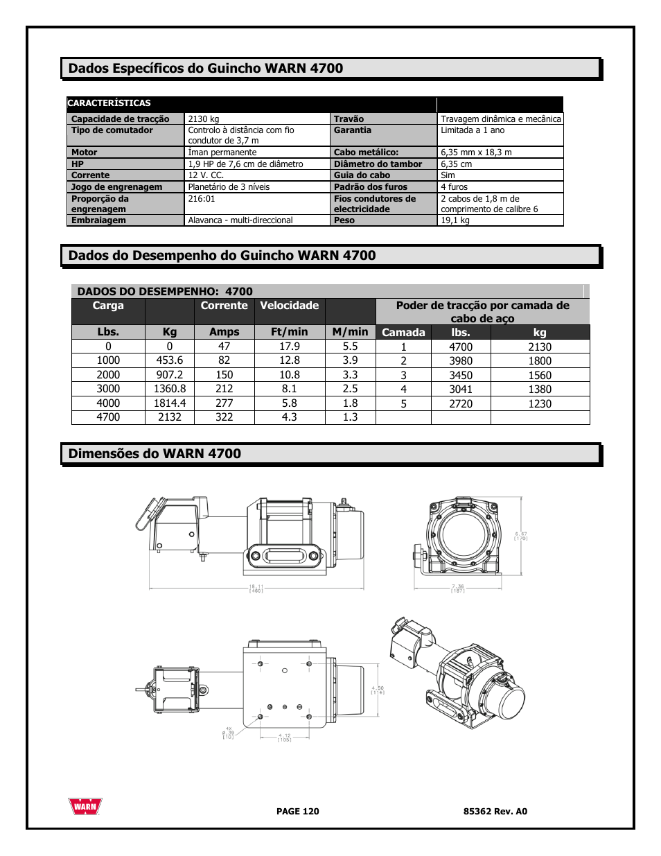 Dados específicos do guincho warn 4700, Dados do desempenho do guincho warn 4700, Dimensões do warn 4700 | WARN 4700 DC User Manual | Page 120 / 127