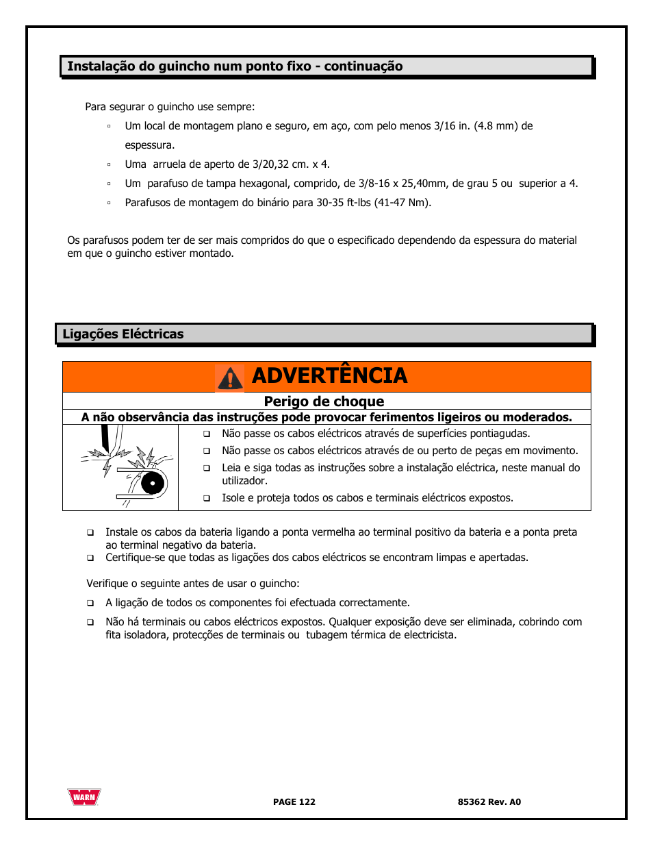 Advertência, Perigo de choque | WARN 4700 DC User Manual | Page 122 / 127