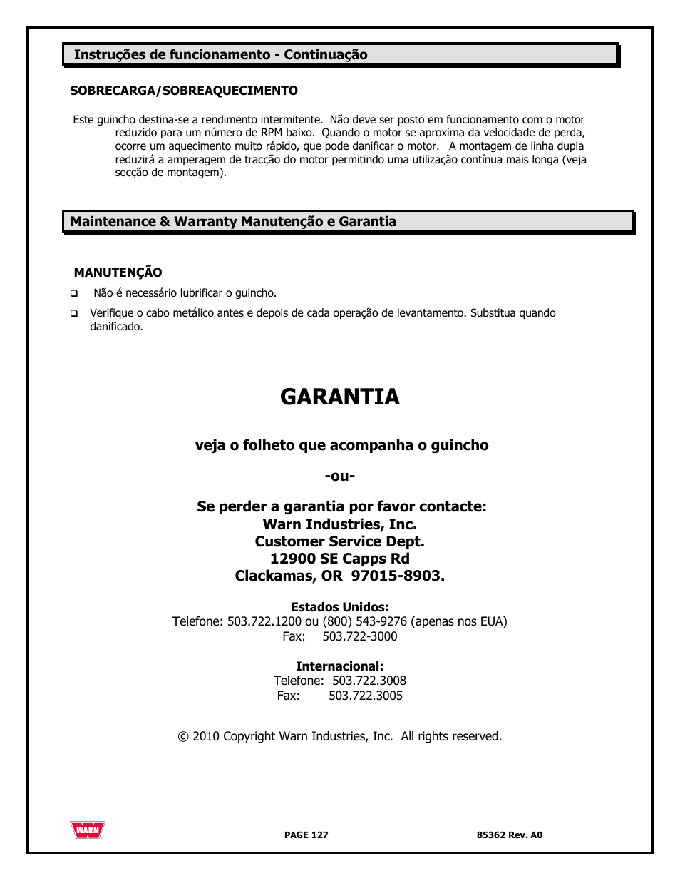 Garantia | WARN 4700 DC User Manual | Page 127 / 127