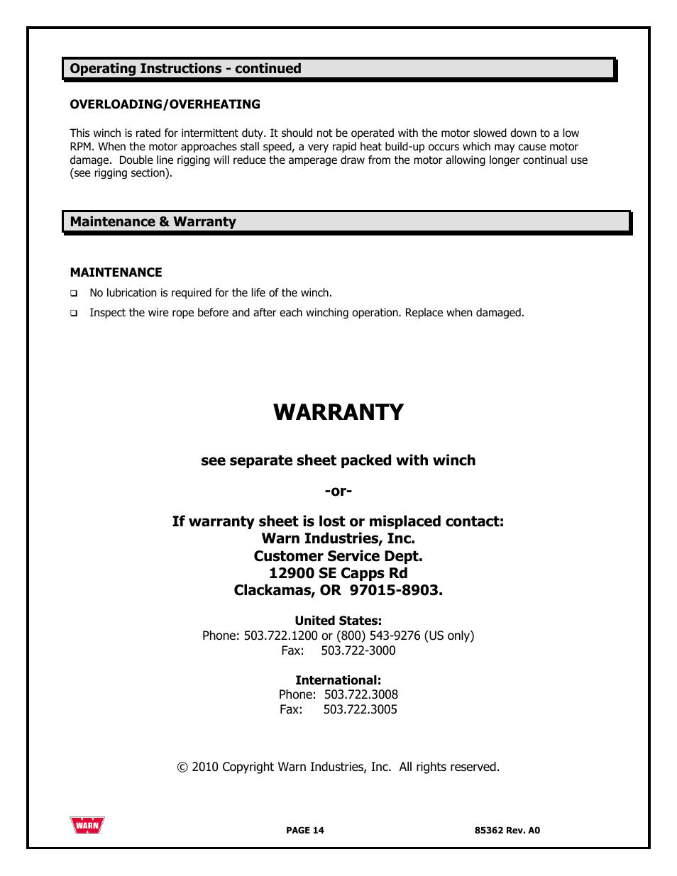 Warranty | WARN 4700 DC User Manual | Page 14 / 127