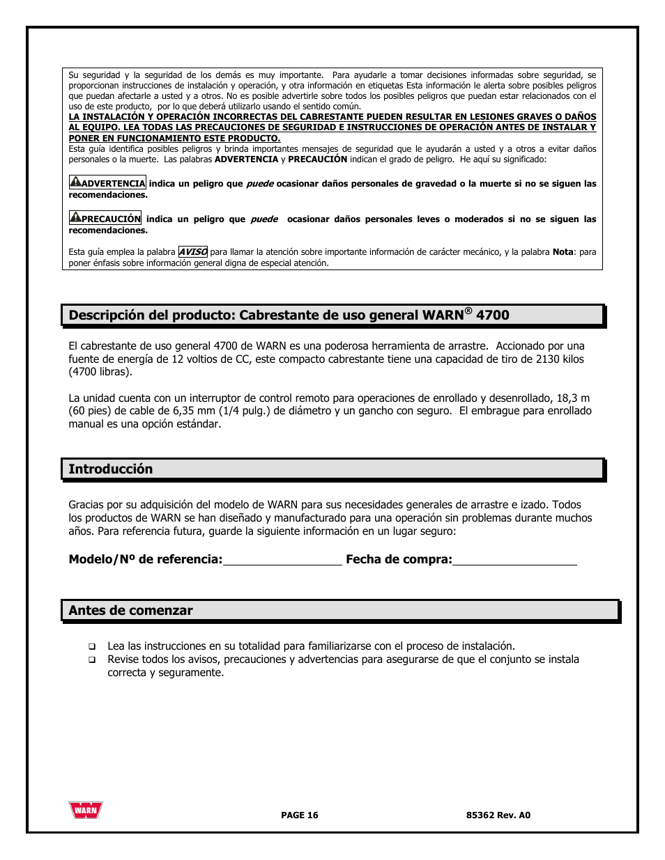 WARN 4700 DC User Manual | Page 16 / 127