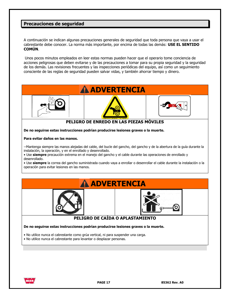 Advertencia | WARN 4700 DC User Manual | Page 17 / 127