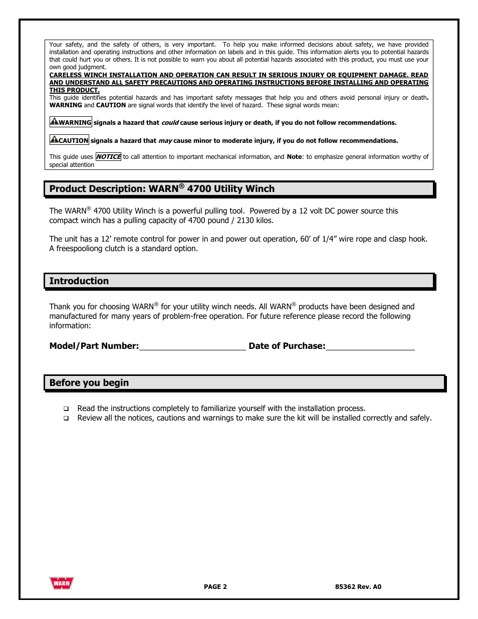 Product description: warn, 4700 utility winch, Introduction | Before you begin | WARN 4700 DC User Manual | Page 2 / 127