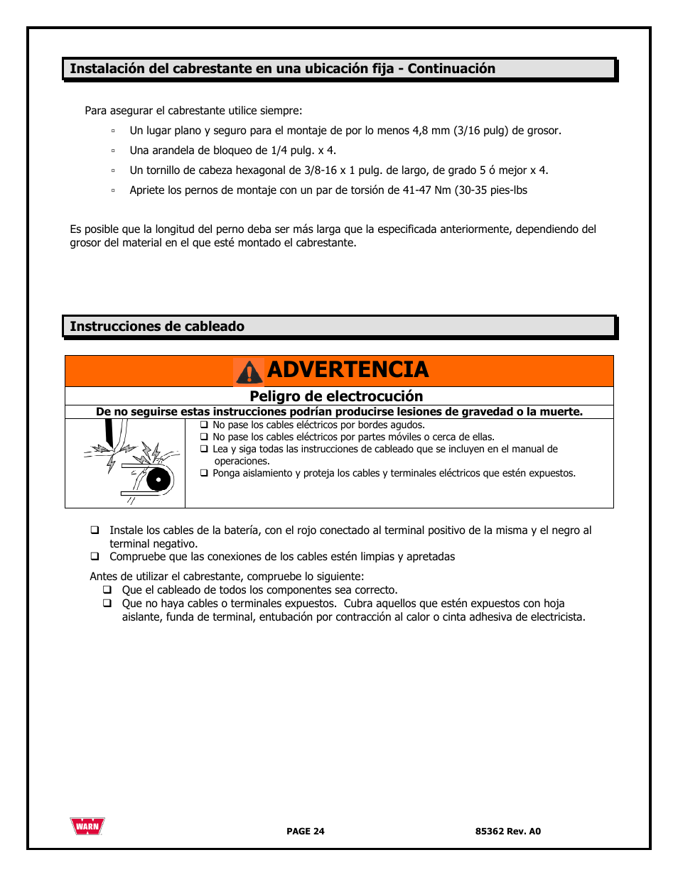 Advertencia, Peligro de electrocución | WARN 4700 DC User Manual | Page 24 / 127