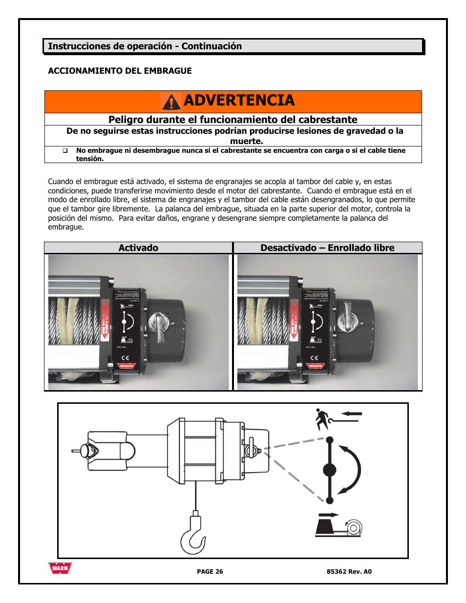 Advertencia, Peligro durante el funcionamiento del cabrestante | WARN 4700 DC User Manual | Page 26 / 127