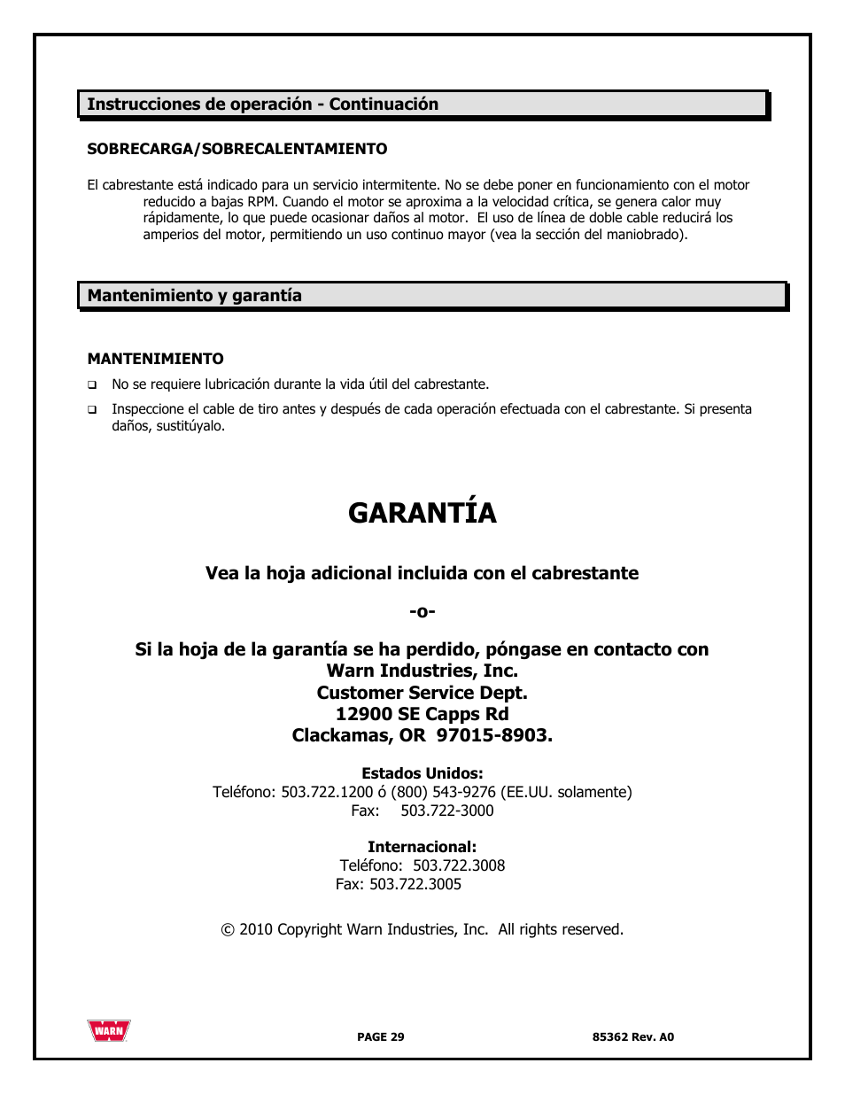 Garantía | WARN 4700 DC User Manual | Page 29 / 127