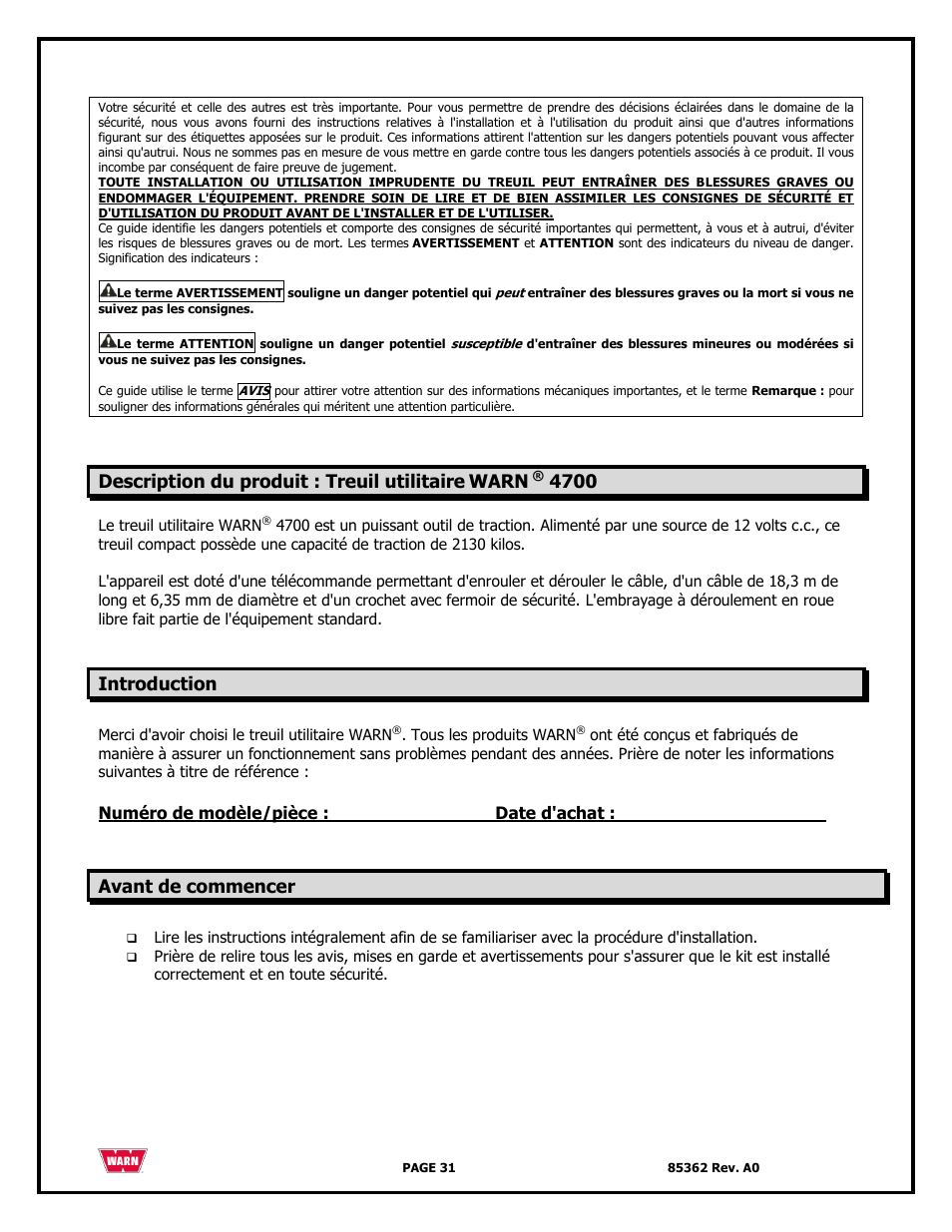 Description du produit : treuil utilitaire, Warn, Introduction | Avant de commencer | WARN 4700 DC User Manual | Page 31 / 127