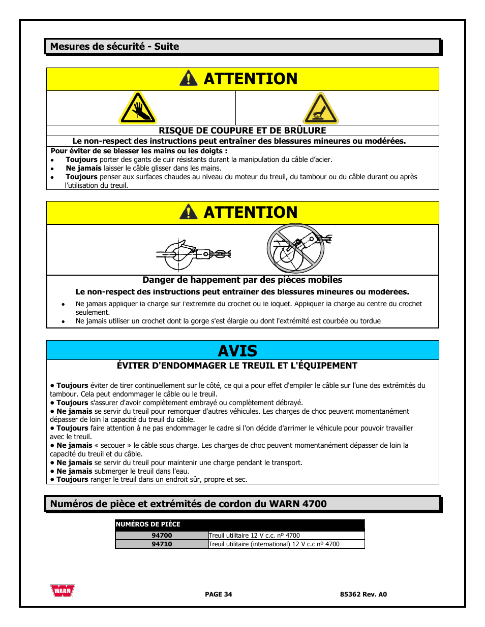 Attention, Avis | WARN 4700 DC User Manual | Page 34 / 127
