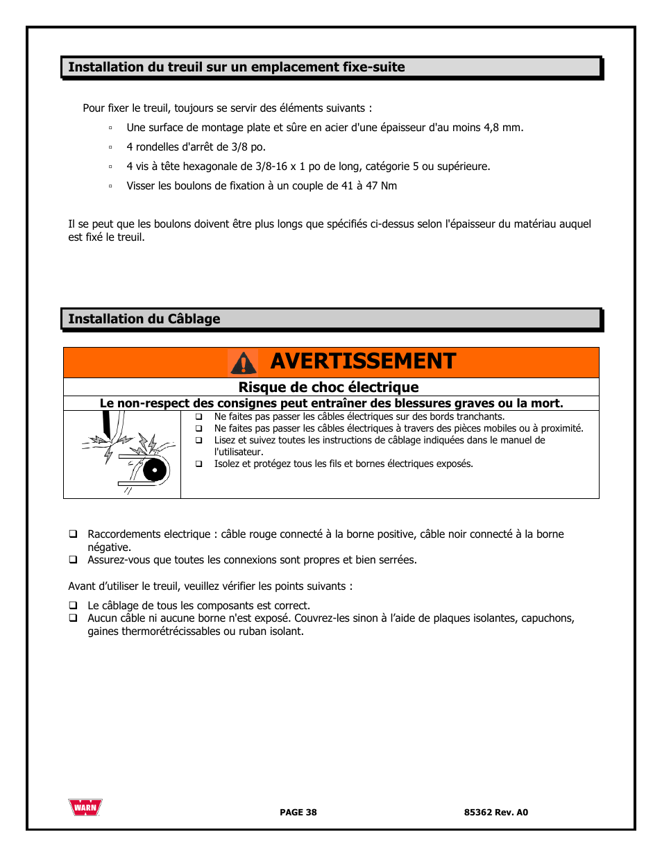 Avertissement, Risque de choc électrique | WARN 4700 DC User Manual | Page 38 / 127