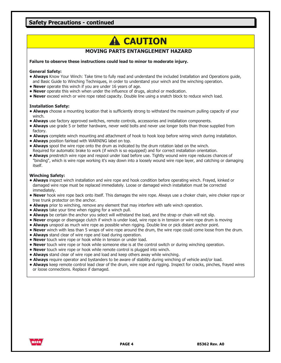 Caution, Safety precautions - continued | WARN 4700 DC User Manual | Page 4 / 127