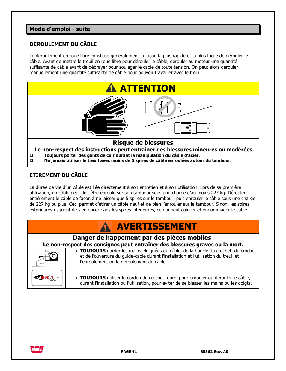 Attention, Avertissement, Risque de blessures | Danger de happement par des pièces mobiles | WARN 4700 DC User Manual | Page 41 / 127