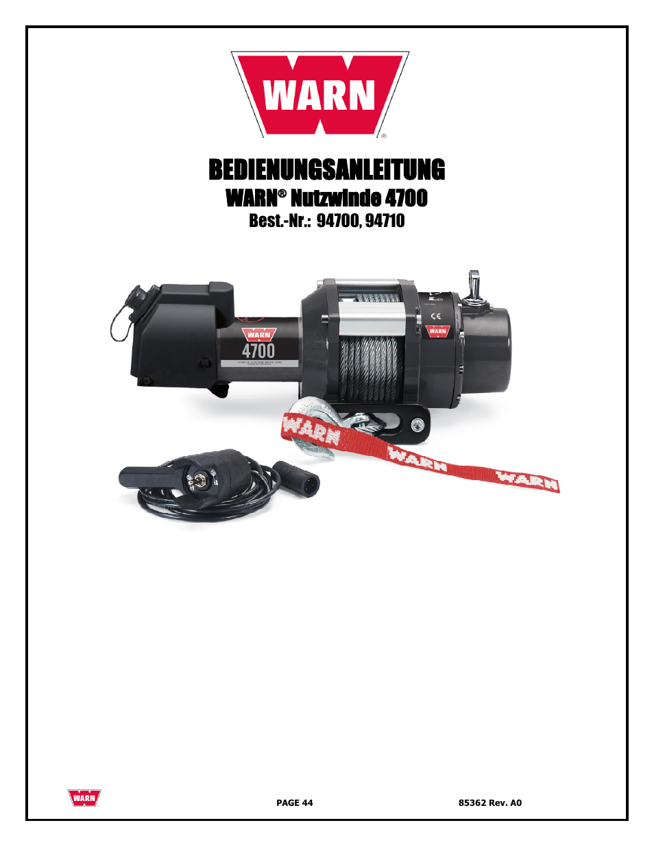 Bedienungsanleitung, Warn, Nutzwinde 4700 | WARN 4700 DC User Manual | Page 44 / 127