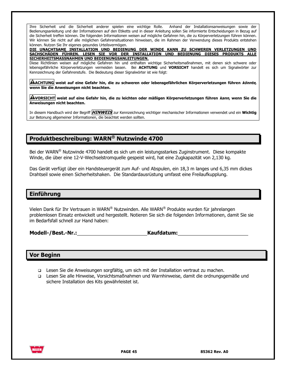Produktbeschreibung: warn, Nutzwinde 4700, Einführung | Vor beginn | WARN 4700 DC User Manual | Page 45 / 127
