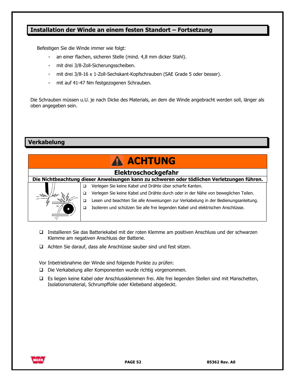 Achtung, Elektroschockgefahr | WARN 4700 DC User Manual | Page 52 / 127