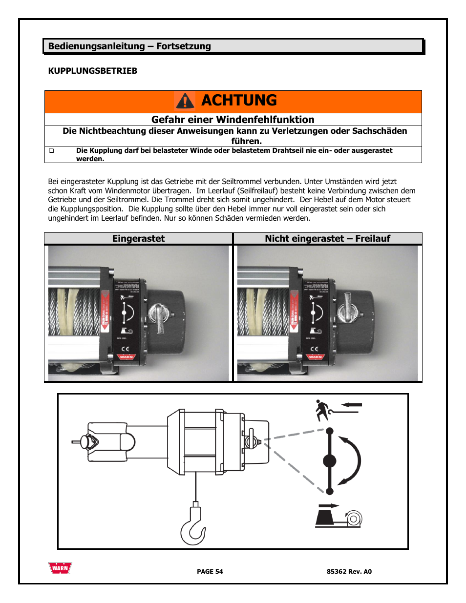 Achtung | WARN 4700 DC User Manual | Page 54 / 127