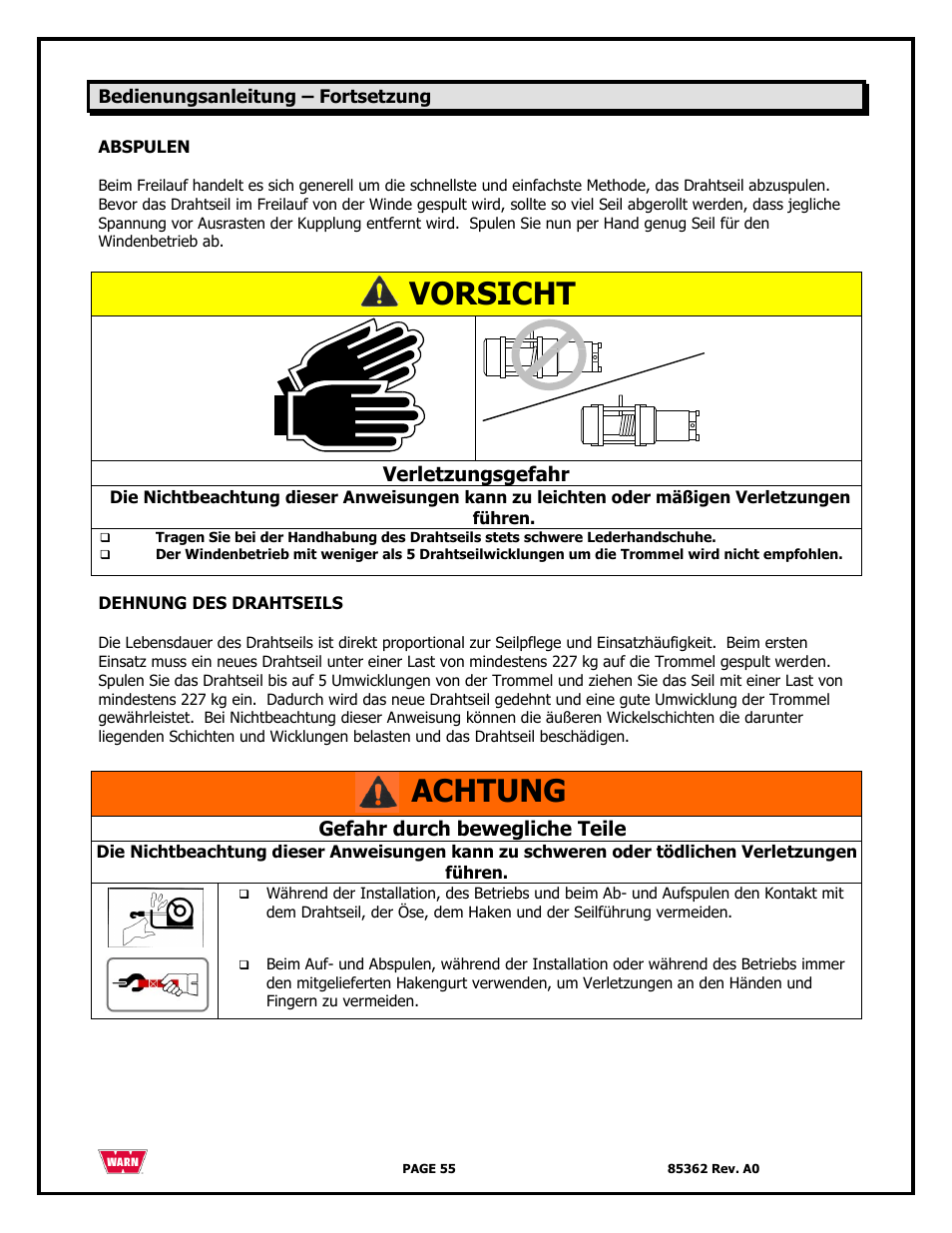 Vorsicht, Achtung, Verletzungsgefahr | Gefahr durch bewegliche teile | WARN 4700 DC User Manual | Page 55 / 127