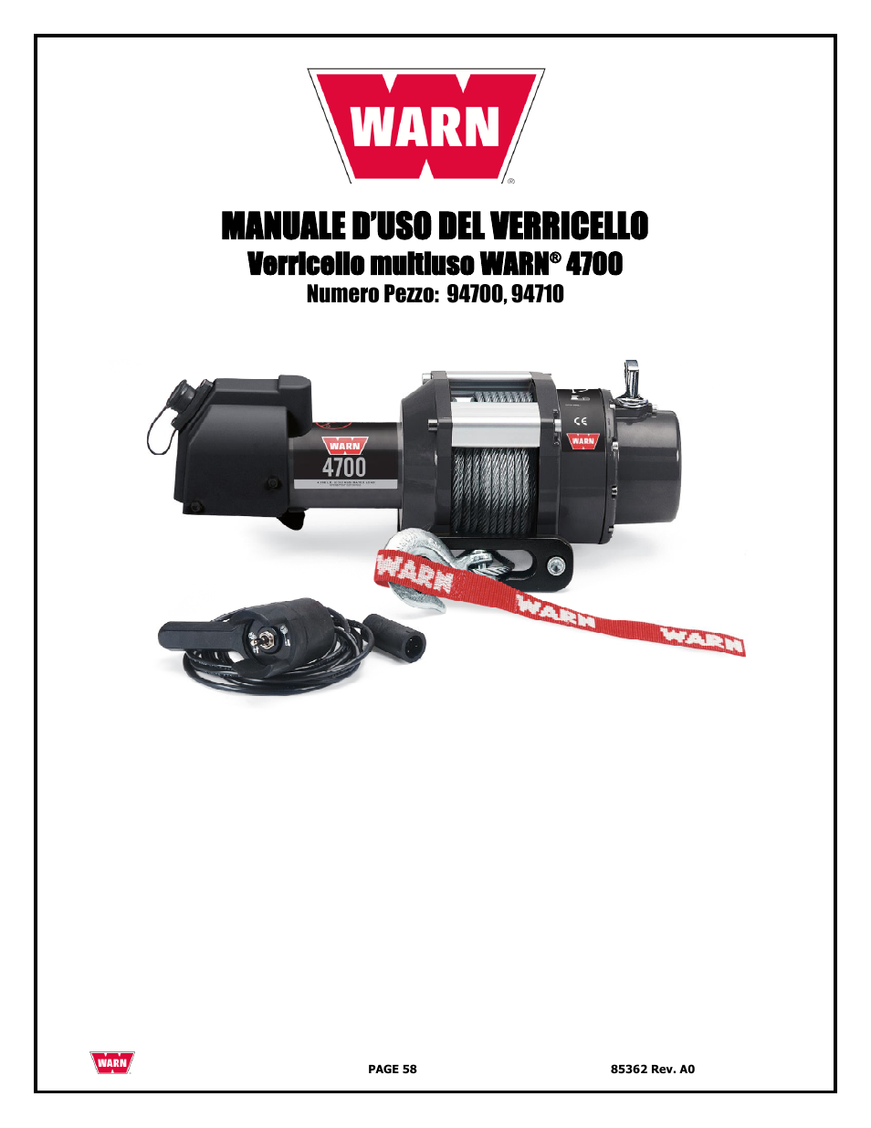 Manuale d’uso del verricello, Verricello multiuso warn | WARN 4700 DC User Manual | Page 58 / 127