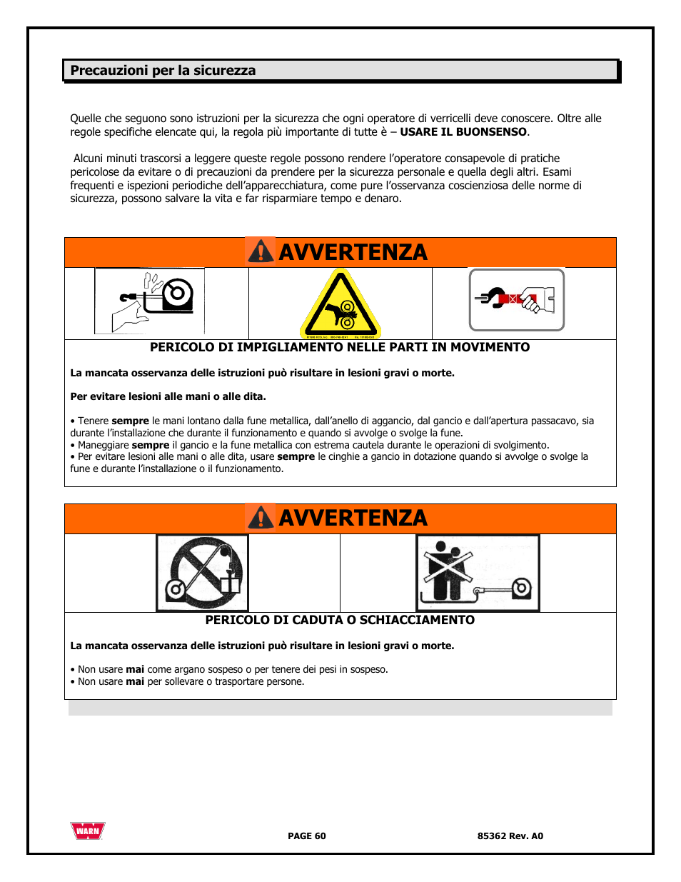 Avvertenza | WARN 4700 DC User Manual | Page 60 / 127