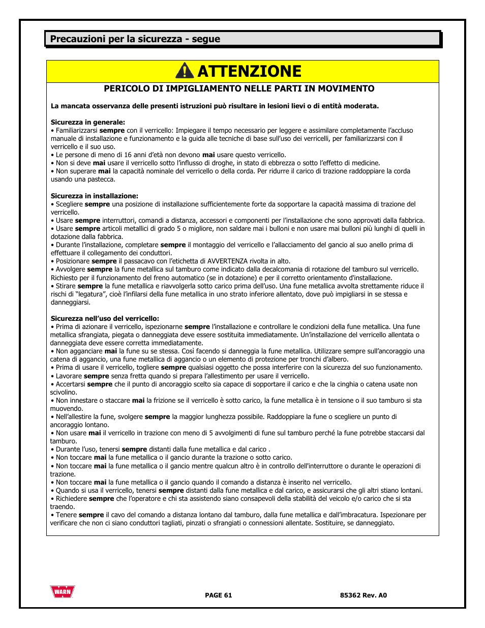 Attenzione, Precauzioni per la sicurezza - segue | WARN 4700 DC User Manual | Page 61 / 127