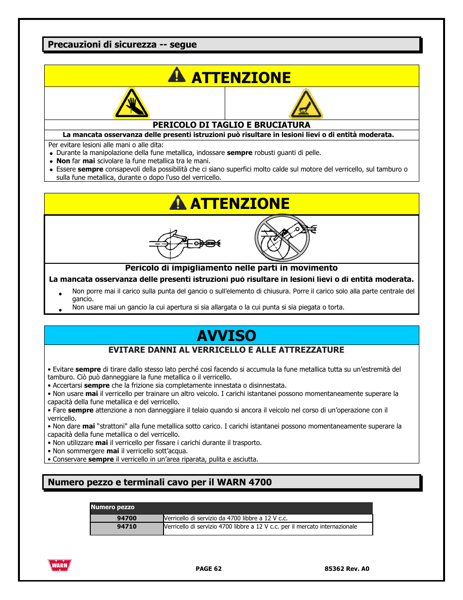 Attenzione, Avviso | WARN 4700 DC User Manual | Page 62 / 127