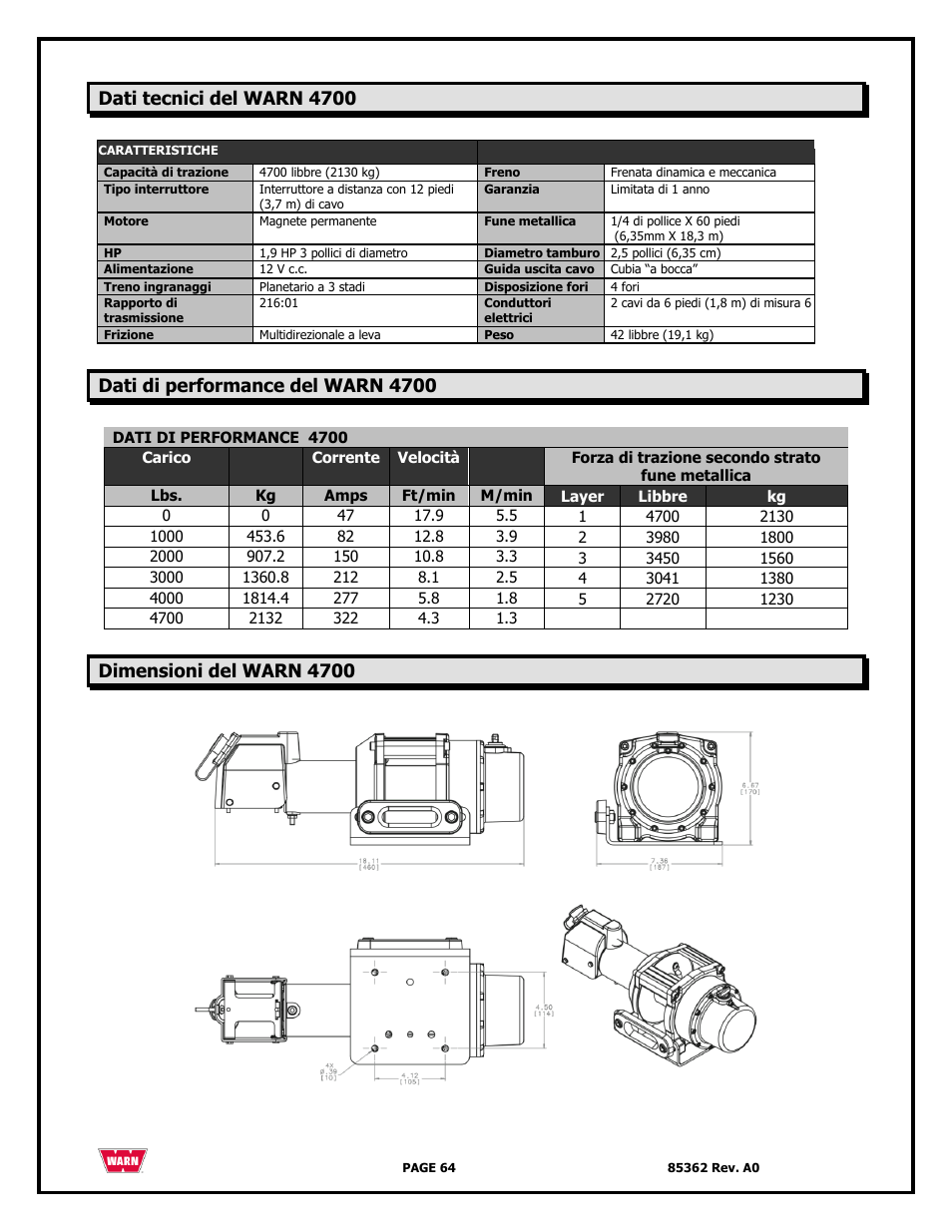 Dati tecnici del warn 4700, Dati di performance del warn 4700, Dimensioni del warn 4700 | WARN 4700 DC User Manual | Page 64 / 127