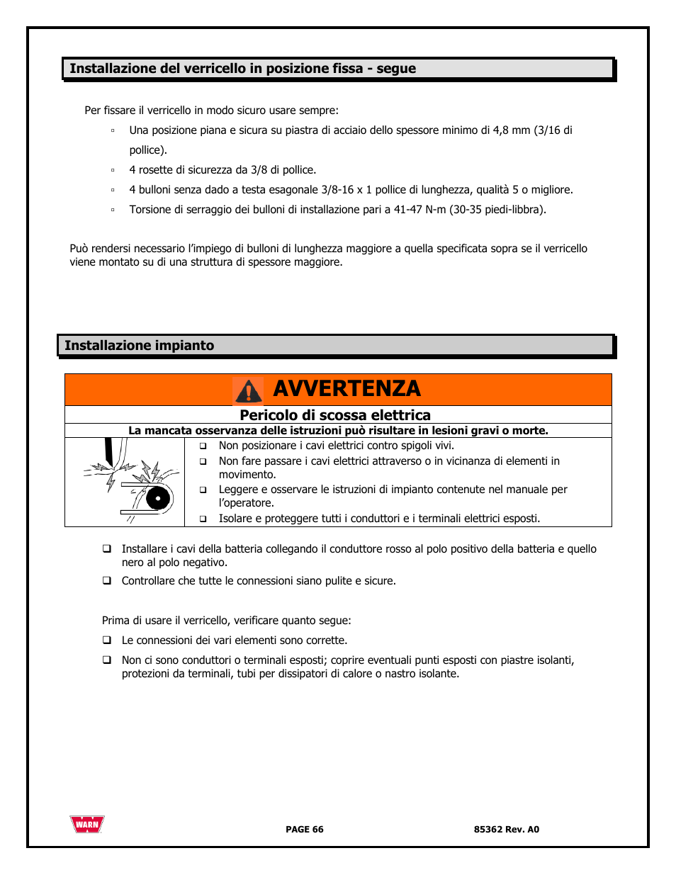 Avvertenza, Pericolo di scossa elettrica | WARN 4700 DC User Manual | Page 66 / 127