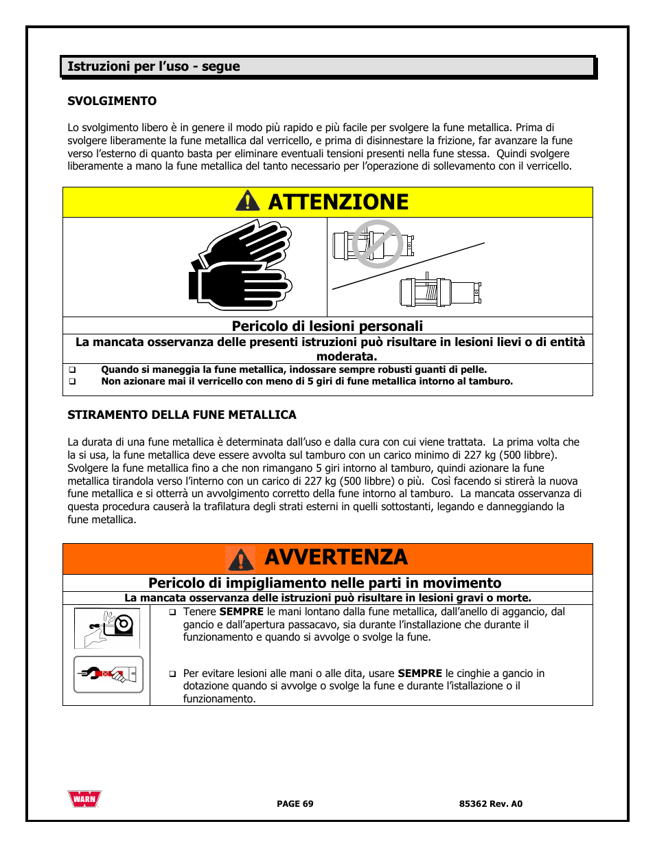 Attenzione, Avvertenza, Pericolo di lesioni personali | Pericolo di impigliamento nelle parti in movimento | WARN 4700 DC User Manual | Page 69 / 127