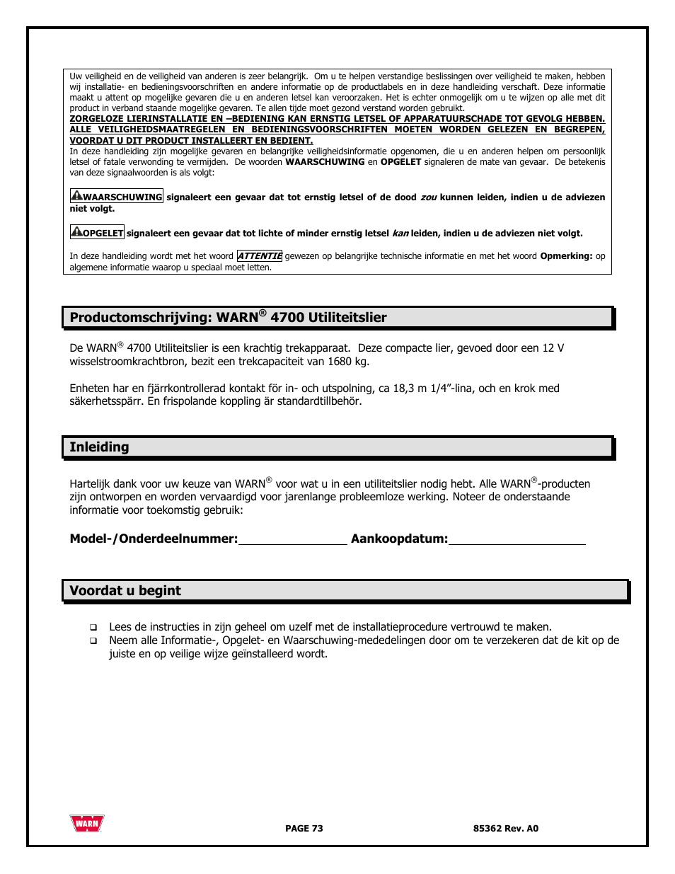 Productomschrijving: warn, 4700 utiliteitslier, Inleiding | Voordat u begint | WARN 4700 DC User Manual | Page 73 / 127