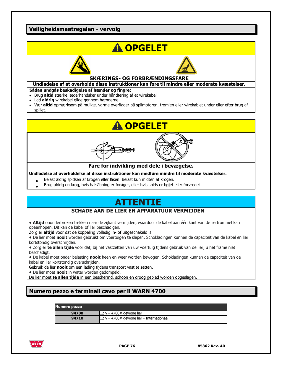 Opgelet, Attentie | WARN 4700 DC User Manual | Page 76 / 127