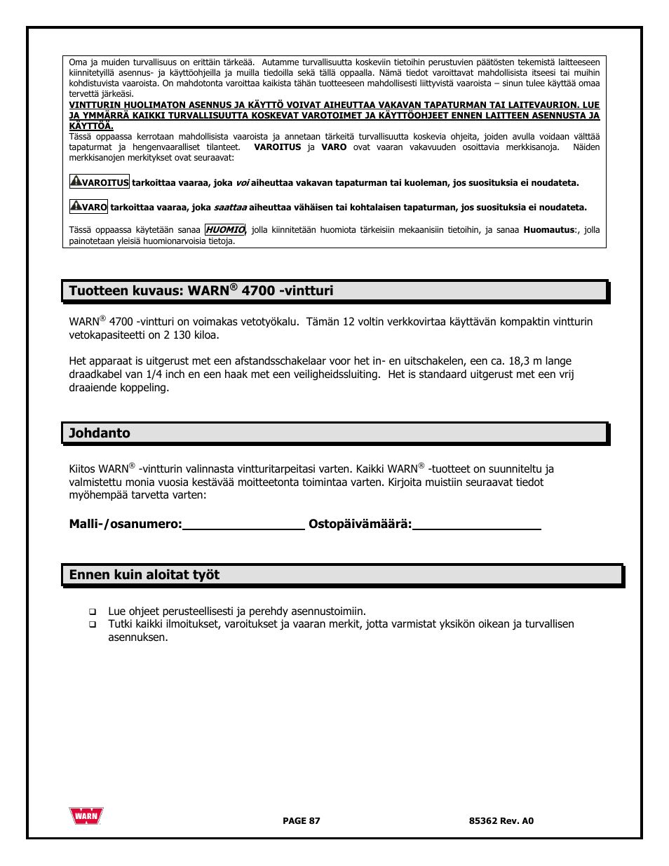 Tuotteen kuvaus: warn, 4700 -vintturi, Johdanto | Ennen kuin aloitat työt | WARN 4700 DC User Manual | Page 87 / 127