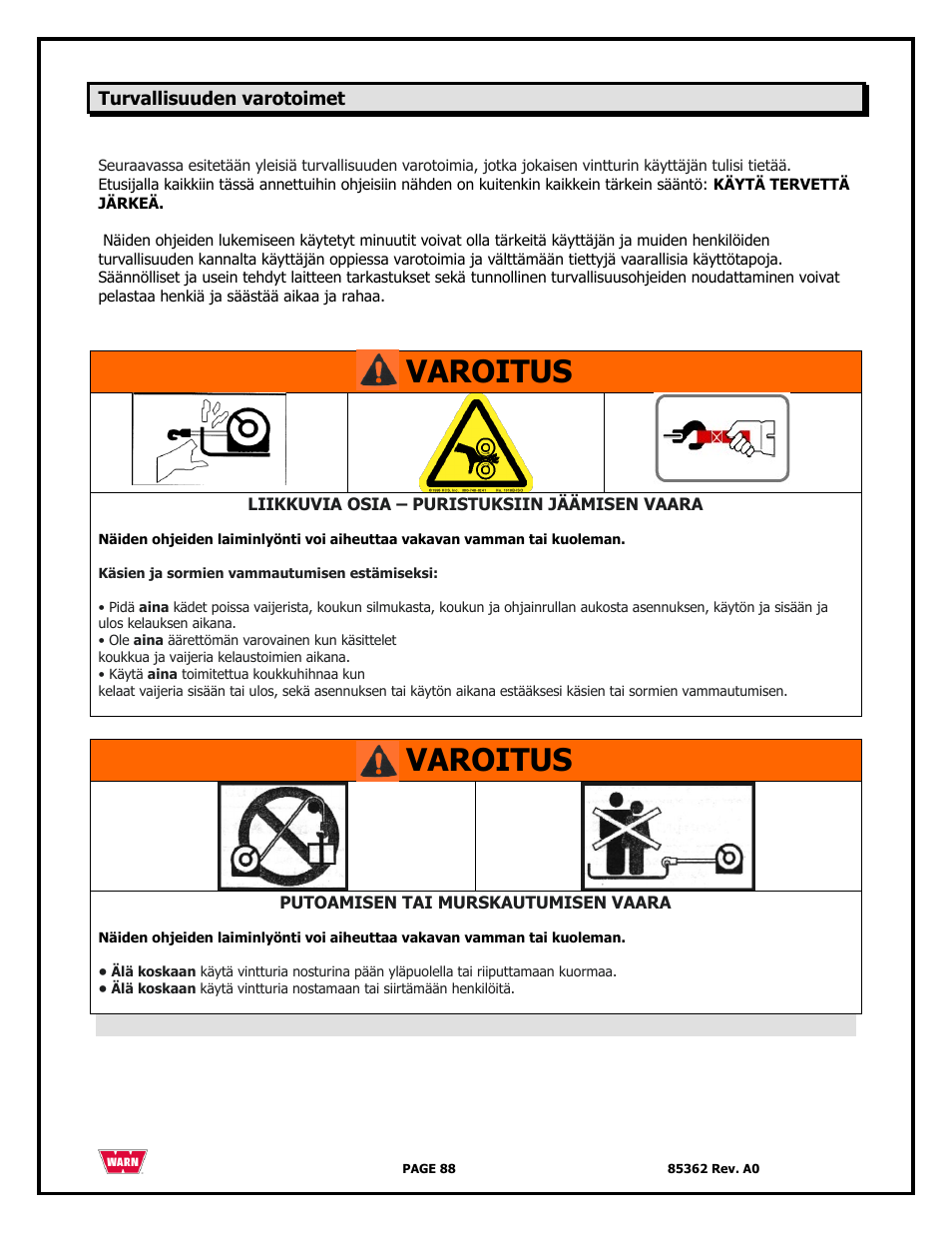 Varoitus | WARN 4700 DC User Manual | Page 88 / 127