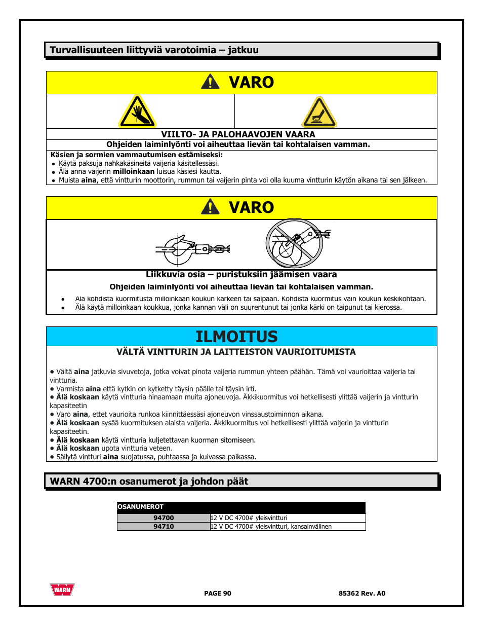 Varo, Ilmoitus | WARN 4700 DC User Manual | Page 90 / 127