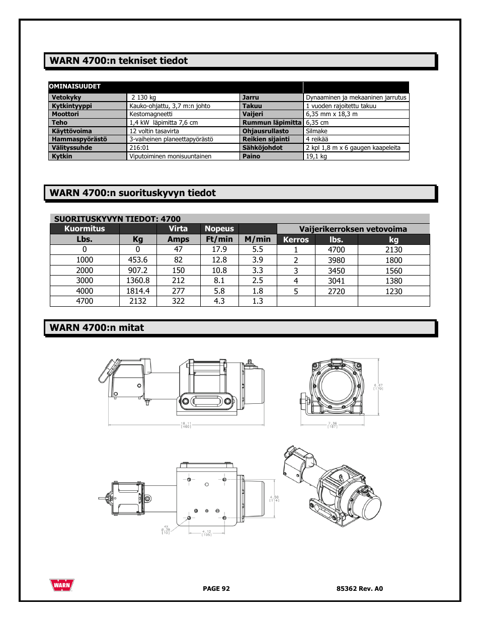 Warn 4700:n tekniset tiedot, Warn 4700:n suorituskyvyn tiedot, Warn 4700:n mitat | WARN 4700 DC User Manual | Page 92 / 127