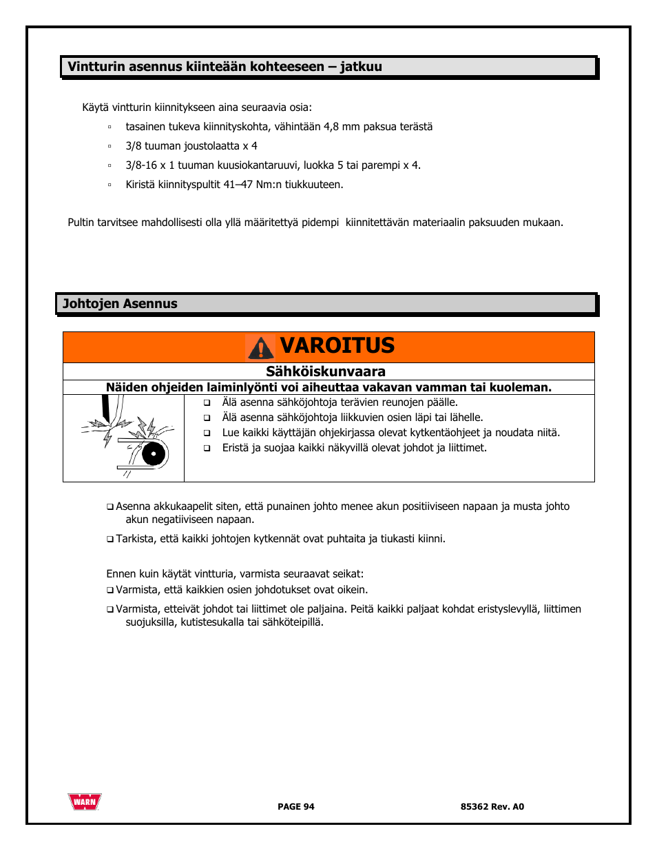 Varoitus, Sähköiskunvaara | WARN 4700 DC User Manual | Page 94 / 127