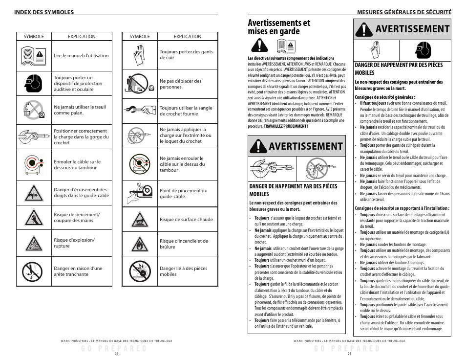 Avertissement, Avertissements et mises en garde | WARN Tabor 12K User Manual | Page 14 / 33