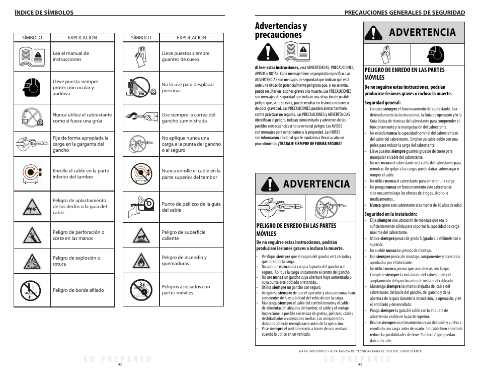 Advertencia, Advertencias y precauciones | WARN Tabor 12K User Manual | Page 24 / 33