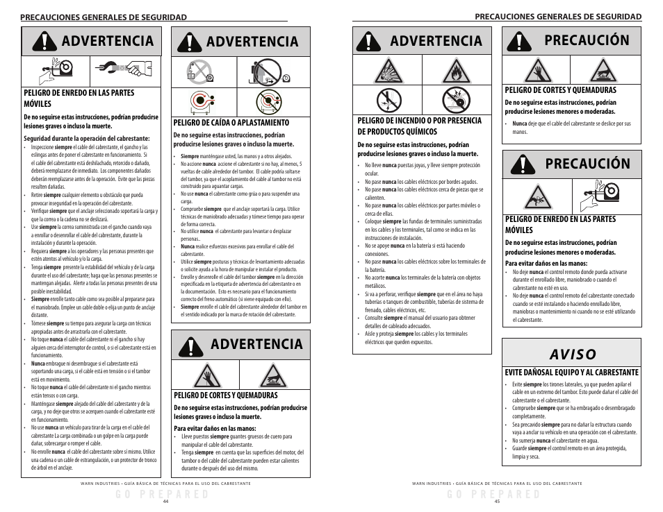 Advertencia, Aviso precaución, Precaución | WARN Tabor 12K User Manual | Page 25 / 33