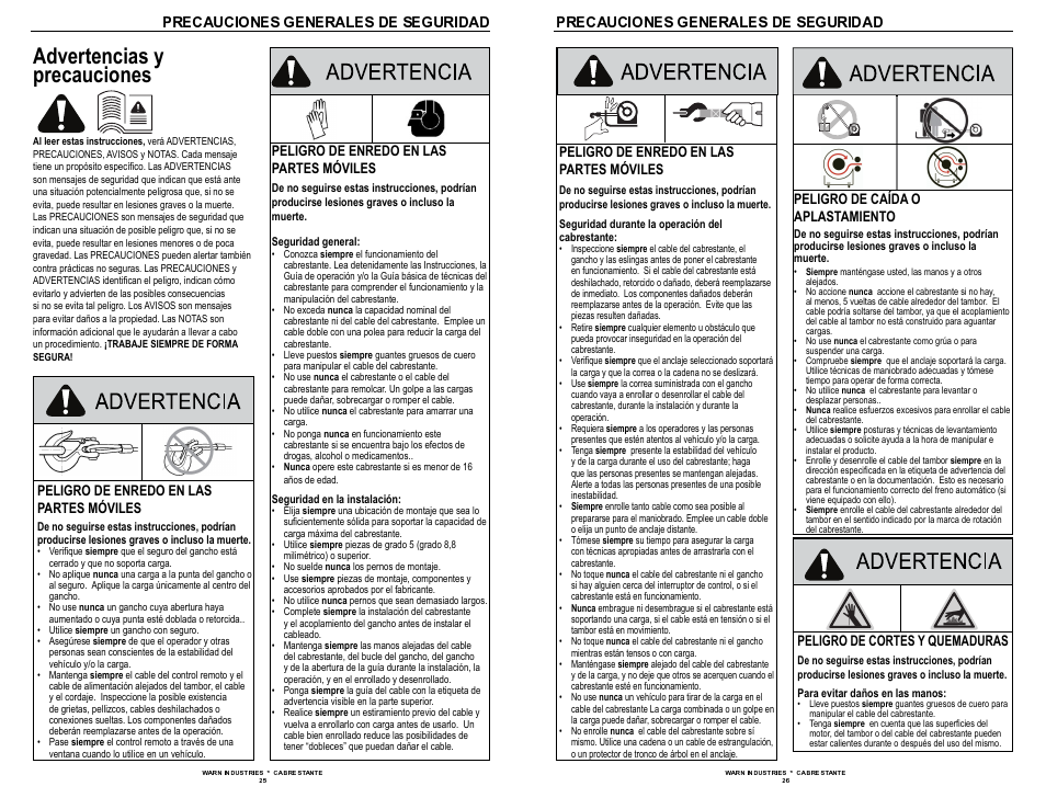 Advertencias y precauciones | WARN 9.5xp User Manual | Page 15 / 20