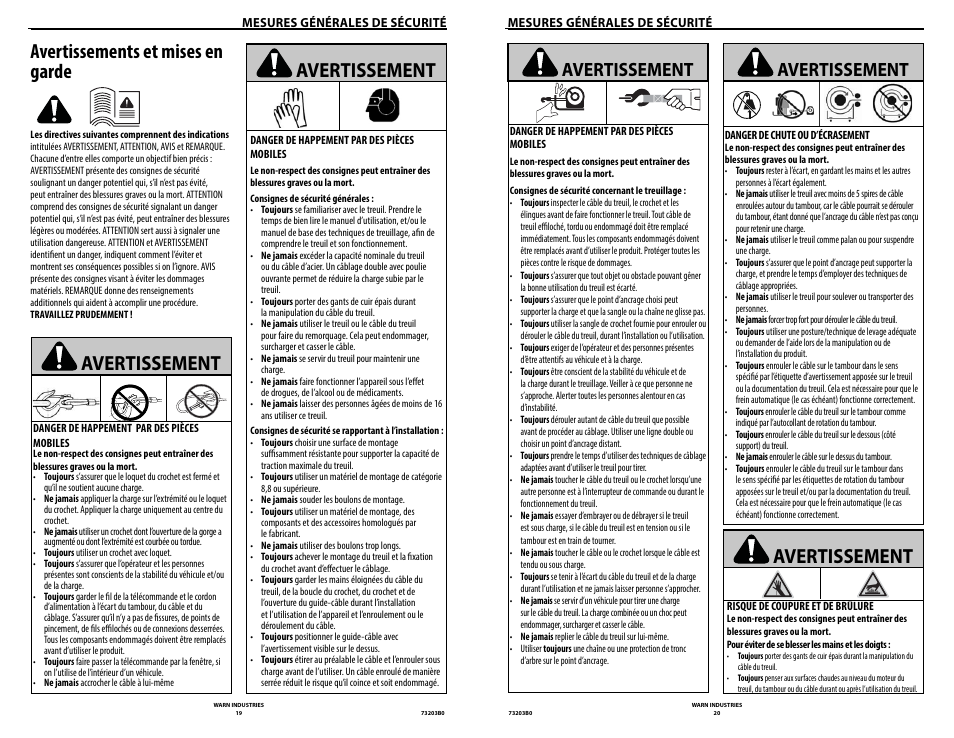 Avertissements et mises en garde, Avertissement | WARN POWERPLANT 9.5 User Manual | Page 12 / 44