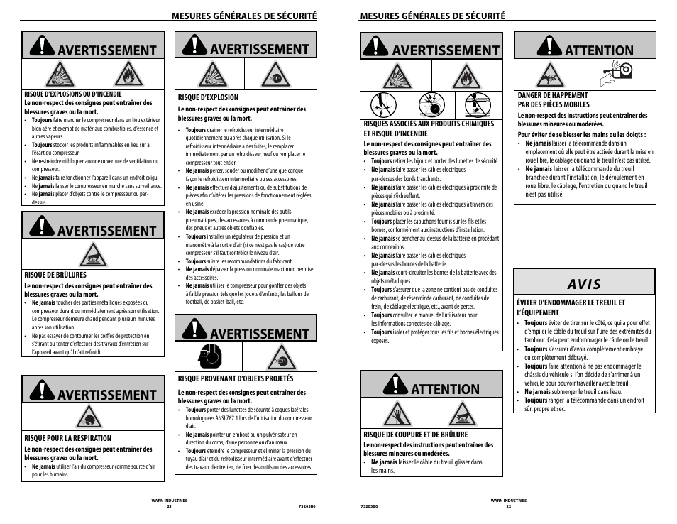 Avertissement, Av i s, Attention | WARN POWERPLANT 9.5 User Manual | Page 13 / 44