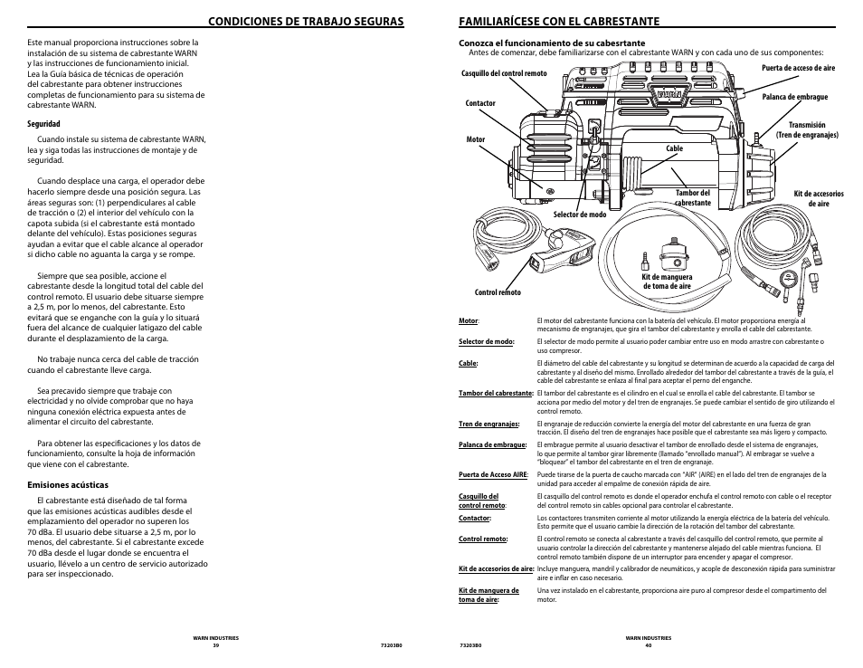 Condiciones de trabajo seguras, Familiarícese con el cabrestante | WARN POWERPLANT 9.5 User Manual | Page 22 / 44