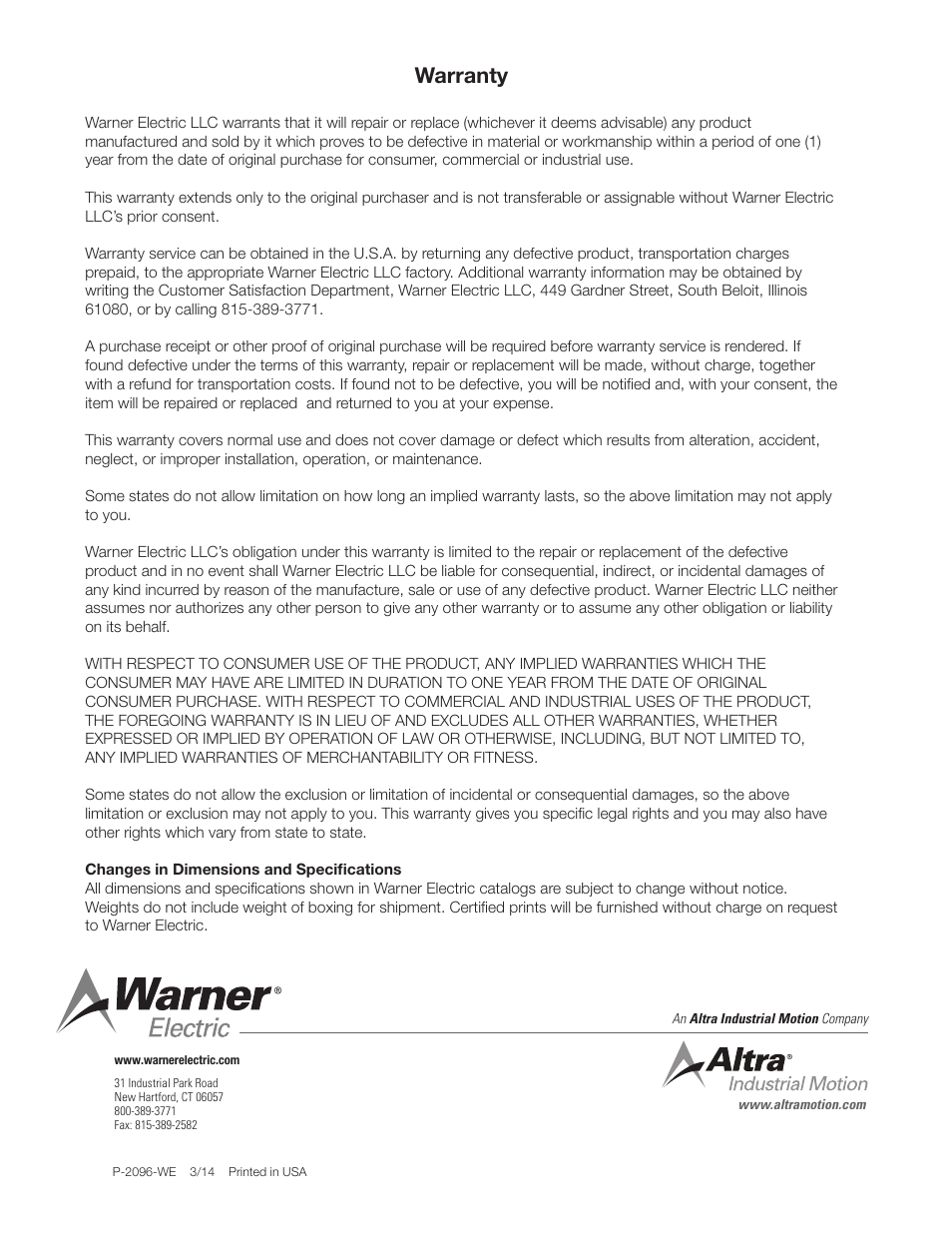Warranty | Warner Electric Dairy Capping Headsets User Manual | Page 10 / 10