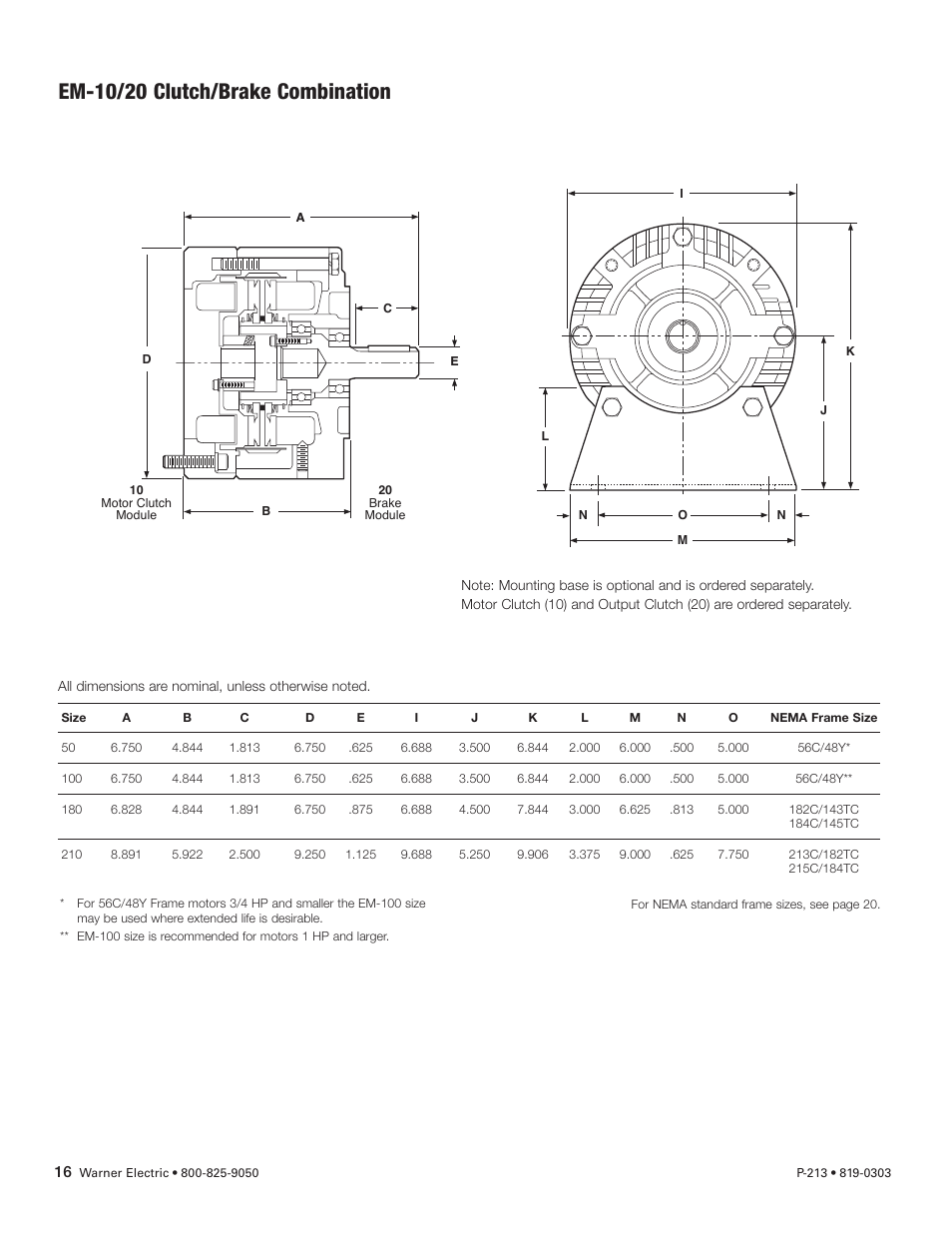Em-10/20 clutch/brake combination | Warner Electric Electro-Module EM-50, EM-100, EM-180, EM-210, EM-215 User Manual | Page 16 / 22